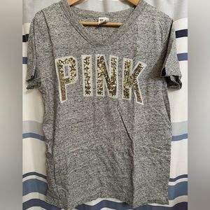 Pink brand heather grey sequined tshirt. Size small but runs a bit big.